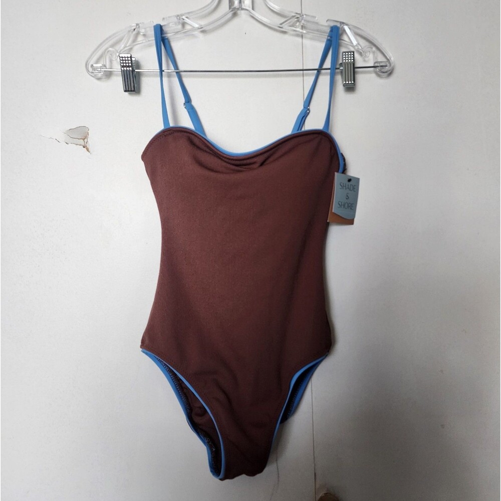 Shade & Shore Women's Brown/Blue Trim One Piece Swimsuit Size S NWT